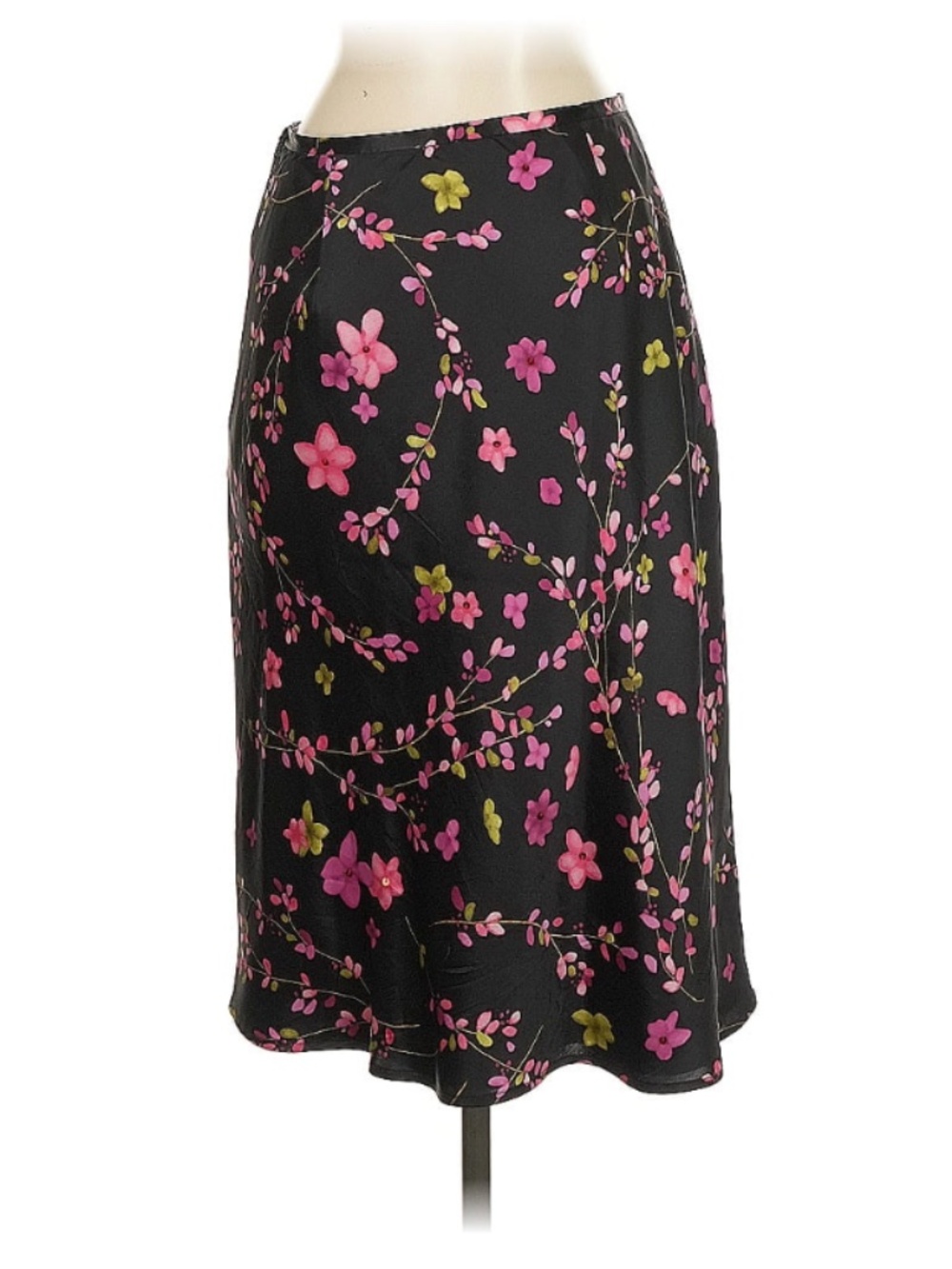 Ann Taylor Silk Midi Skirt Black Floral Pink Sequin Size 4